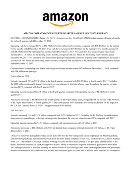 Amazon.Com Announces Fourth Quarter Sales up 20% to $72.4 Billion