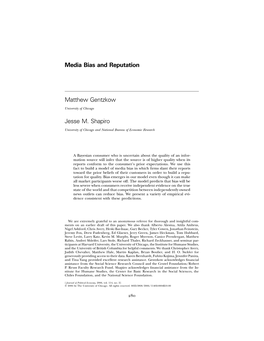 Media Bias and Reputation Matthew Gentzkow Jesse M. Shapiro