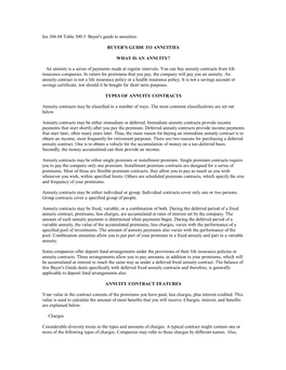 Ins 306.04 Table 300.5 Buyer's Guide to Annuities BUYER's GUIDE to ANNUITIES WHAT IS an ANNUITY? an Annuity Is a Series of Paym
