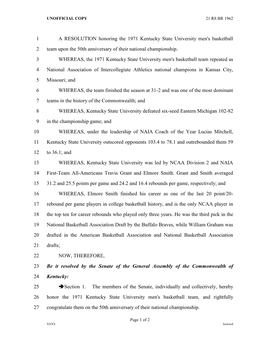 A RESOLUTION Honoring the 1971 Kentucky State University Men's Basketball 2 Team Upon the 50Th Anniversary of Their National Championship