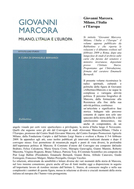 Giovanni Marcora. Milano, L'italia E L'europa