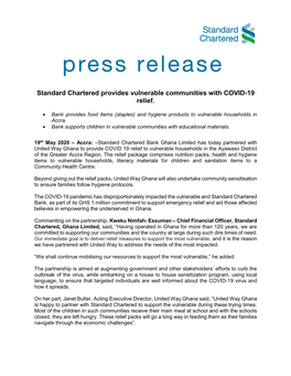 Standard Chartered Provides Vulnerable Communities with COVID-19 Relief