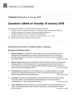 Questions Tabled on Tuesday 16 January 2018