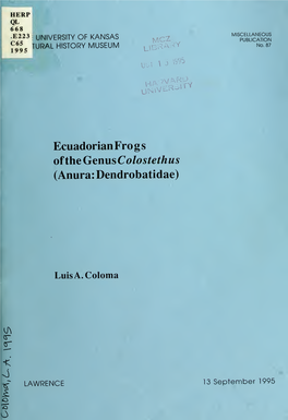 Ecuadorian Frogs of the Genus Colostethus (Anura: Dendrobatidae)