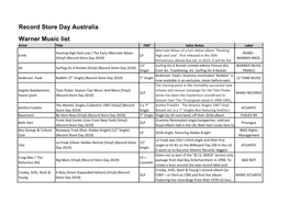 Record Store Day Australia Warner Music List