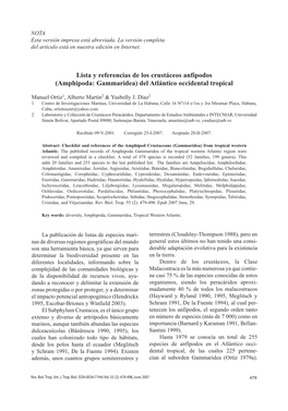 Lista Y Referencias De Los Crustáceos Anfípodos (Amphipoda: Gammaridea) Del Atlántico Occidental Tropical