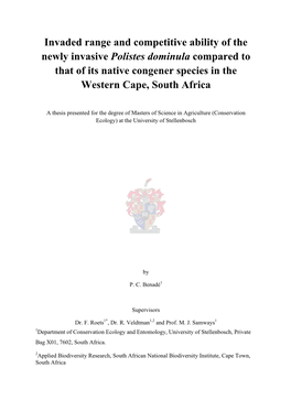 Invaded Range and Competitive Ability of the Newly Invasive Polistes Dominula Compared to That of Its Native Congener Species in the Western Cape, South Africa