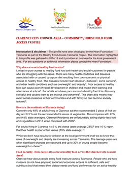 Clarence City Council Area – Community/Household Food Access Profile