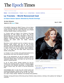 La Traviata – World Renowned Cast LA Opera Season Opener Attended by Placido Domingo