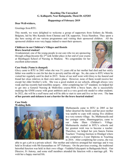 Reaching the Unreached G. Kallupatti, Near Batlagundu, Theni Dt. 625203 Happenings of February 2019 Dear Well-Wishers, Greeting