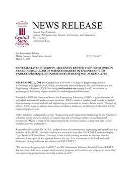 NEWS RELEASE Central State University College of Engineering, Science, Technology, and Agriculture 937-376-6677 Centralstate.Edu