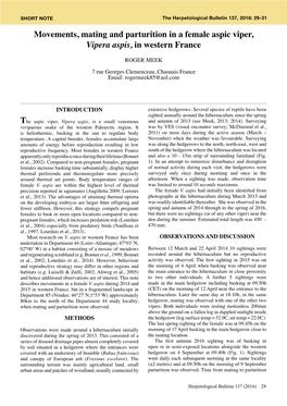 Movements, Mating and Parturition in a Female Aspic Viper, Vipera Aspis, in Western France