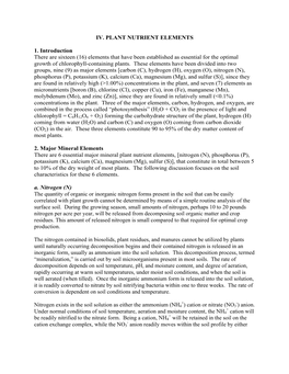 IV. PLANT NUTRIENT ELEMENTS 1. Introduction There Are Sixteen