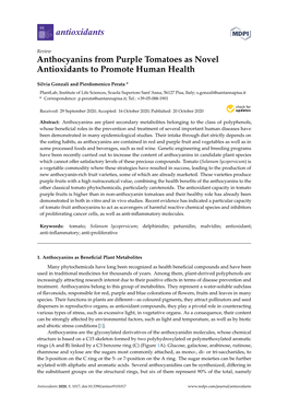 Anthocyanins from Purple Tomatoes As Novel Antioxidants to Promote Human Health