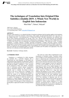 The Techniques of Translation Into Original Film Subtitles (Aladdin 2019: a Whole New World) in English Into Indonesian Rika Pidia1*), Tahrun2, Mulyadi2