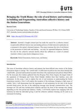 The Role of Oral History and Testimony in Building and Fragmenting Australian Collective History and the Stolen Generations