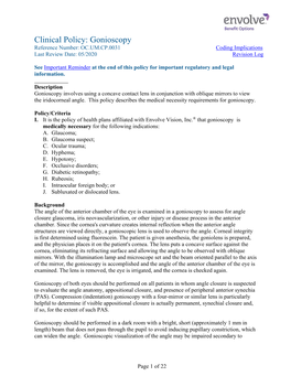 Clinical Policy: Gonioscopy Reference Number: OC.UM.CP.0031 Coding Implications Last Review Date: 05/2020 Revision Log