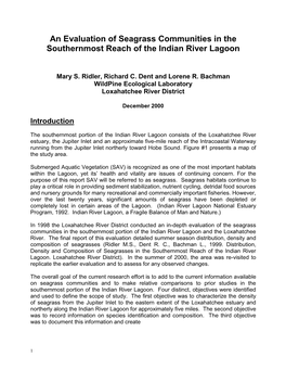 An Evaluation of Seagrass Communities in the Southernmost Reach of the Indian River Lagoon