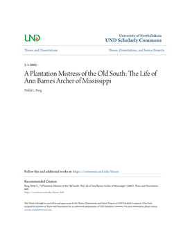 A Plantation Mistress of the Old South: the Life of Ann Barnes Archer of Mississippi Nikki L