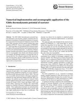 Numerical Implementation and Oceanographic Application of the Gibbs Thermodynamic Potential of Seawater