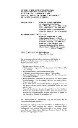 Minutes of the Seine River Tributary Diversion Project Committee Held March 28Th, 2012 at 10:00 A.M