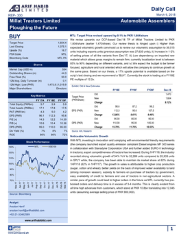 Daily Call REP- 300 March 9, 2018 Millat Tractors Limited Automobile Assemblers Ploughing the Future