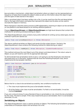 Java/Java Serialization.Htm Copyright © Tutorialspoint.Com