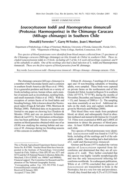 Leucocytozoon Toddi and Haemoproteus Tinnunculi (Protozoa: Haemosporina) in the Chimango Caracara (Milvago Chimango) in Southern