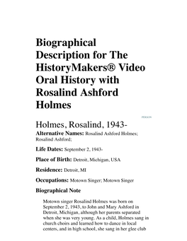 Biographical Description for the Historymakers® Video Oral History with Rosalind Ashford Holmes