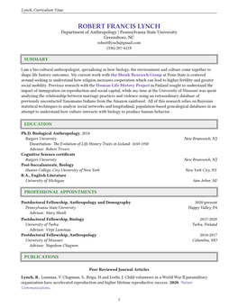 ROBERT FRANCIS LYNCH Department of Anthropology | Pennsylvania State University Greensboro, NC Robertflynch@Gmail.Com (336) 207-6218