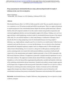 Drug Repurposing for Mitochondrial Diseases Using a Pharmacological Model of Complex I Deficiency in the Yeast Yarrowia Lipolytica