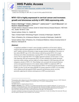 NFX1-123 Is Highly Expressed in Cervical Cancer and Increases Growth and Telomerase Activity in HPV 16E6 Expressing Cells