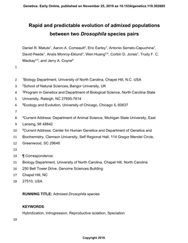 Rapid and Predictable Evolution of Admixed Populations Between Two Drosophila Species Pairs