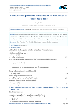 Klein-Gordon Equation and Wave Function for Free Particle in Rindler Space-Time