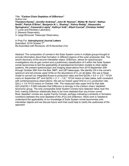 Title: “Carbon Chain Depletion of 2I/Borisov” Author List: Theodore Kareta1, Jennifer Andrews2, John W