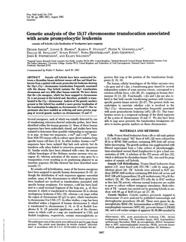 With Acute Promyelocytic Leukemia (Somatic Cell Hybrids/C-Fes/Localization of Breakpoints/Gene Mapping) DENISE SHEER*, LYNNE R