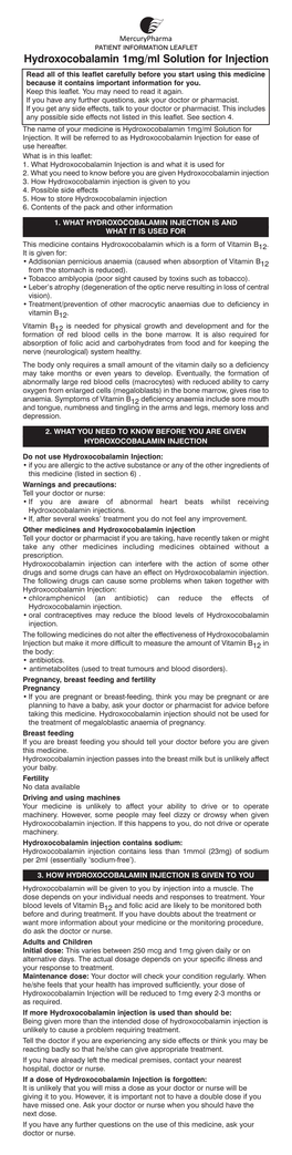 Hydroxocobalamin 1Mg/Ml Solution for Injection