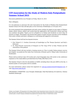 CFP-Association for the Study of Modern Italy Postgraduate Summer School 2014