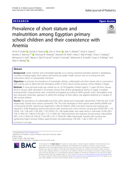 Prevalence of Short Stature and Malnutrition Among Egyptian Primary School Children and Their Coexistence with Anemia Ali M
