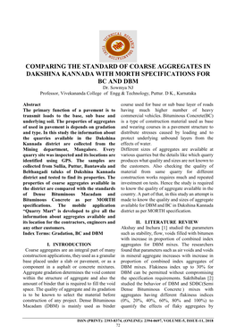 COMPARING the STANDARD of COARSE AGGREGATES in DAKSHINA KANNADA with MORTH SPECIFICATIONS for BC and DBM Dr