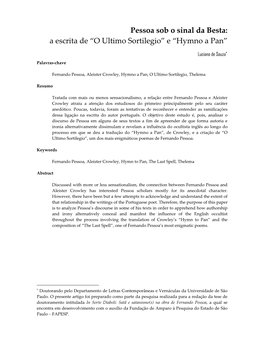 Pessoa Sob O Sinal Da Besta: a Escrita De “O Ultimo Sortilegio” E “Hymno a Pan”