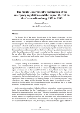 The Smuts Government's Justification of the Emergency Regulations and the Impact Thereof on the Ossewa-Brandwag, 1939 to 1945