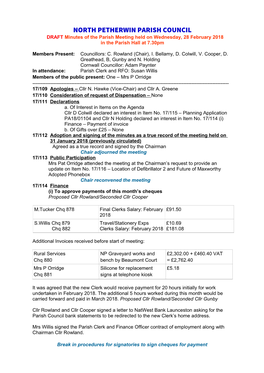 NORTH PETHERWIN PARISH COUNCIL DRAFT Minutes of the Parish Meeting Held on Wednesday, 28 February 2018 in the Parish Hall at 7.30Pm