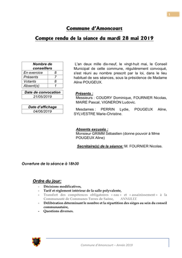 Commune D'amoncourt Compte Rendu De La Séance Du Mardi 28 Mai 2019