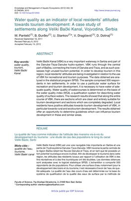 Water Quality As an Indicator of Local Residents’ Attitudes Towards Tourism Development: a Case Study of Settlements Along Veliki Bački Kanal, Vojvodina, Serbia M