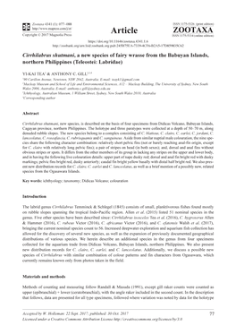 Cirrhilabrus Shutmani, a New Species of Fairy Wrasse from the Babuyan Islands, Northern Philippines (Teleostei: Labridae)