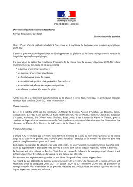 PRÉFÈTE DE LOZÈRE Direction Départementale Des Territoires Service Biodiversité Eau Forêt Motivation De La Décision Objet