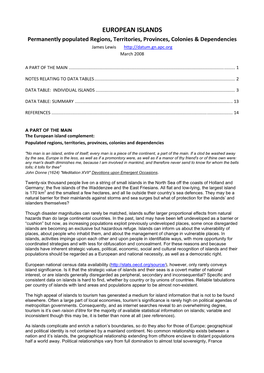 EUROPEAN ISLANDS Permanently Populated Regions, Territories, Provinces, Colonies & Dependencies James Lewis March 2008