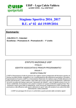 Stagione Sportiva 2016 2017 B.U. N° 02 Del 19/09/2016