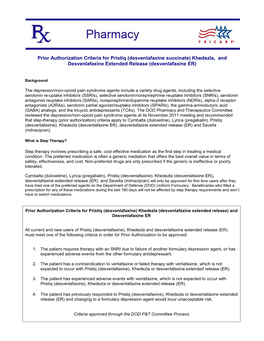 Prior Authorization Criteria for Pristiq (Desvenlafaxine Succinate) Khedezla, and Desvenlafaxine Extended Release (Desvenlafaxine ER)